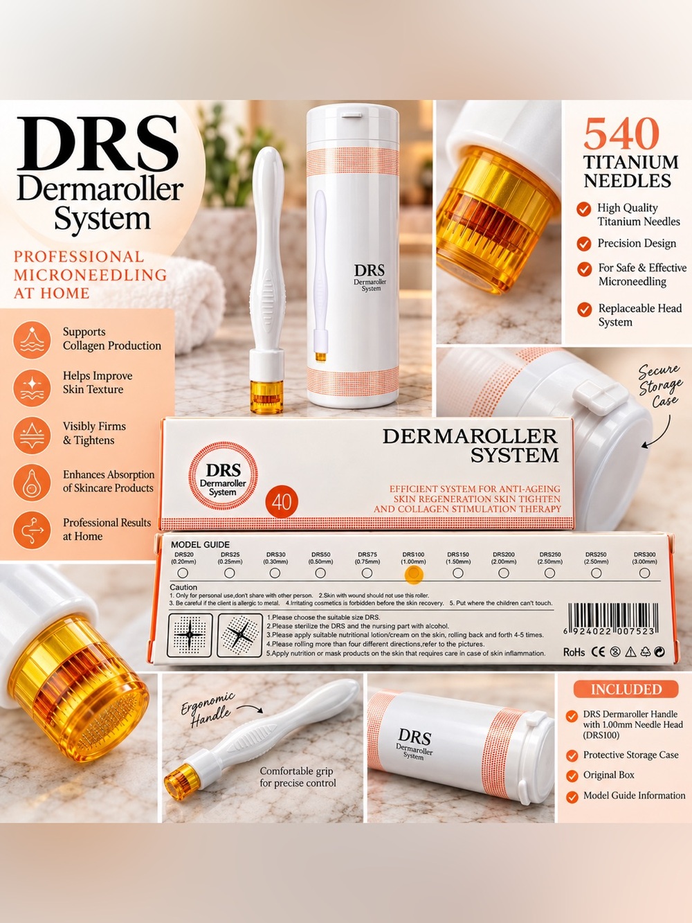 ✨ DRS Dermaroller System – 1.00mm DRS100 Microneedling Roller + Storage Case